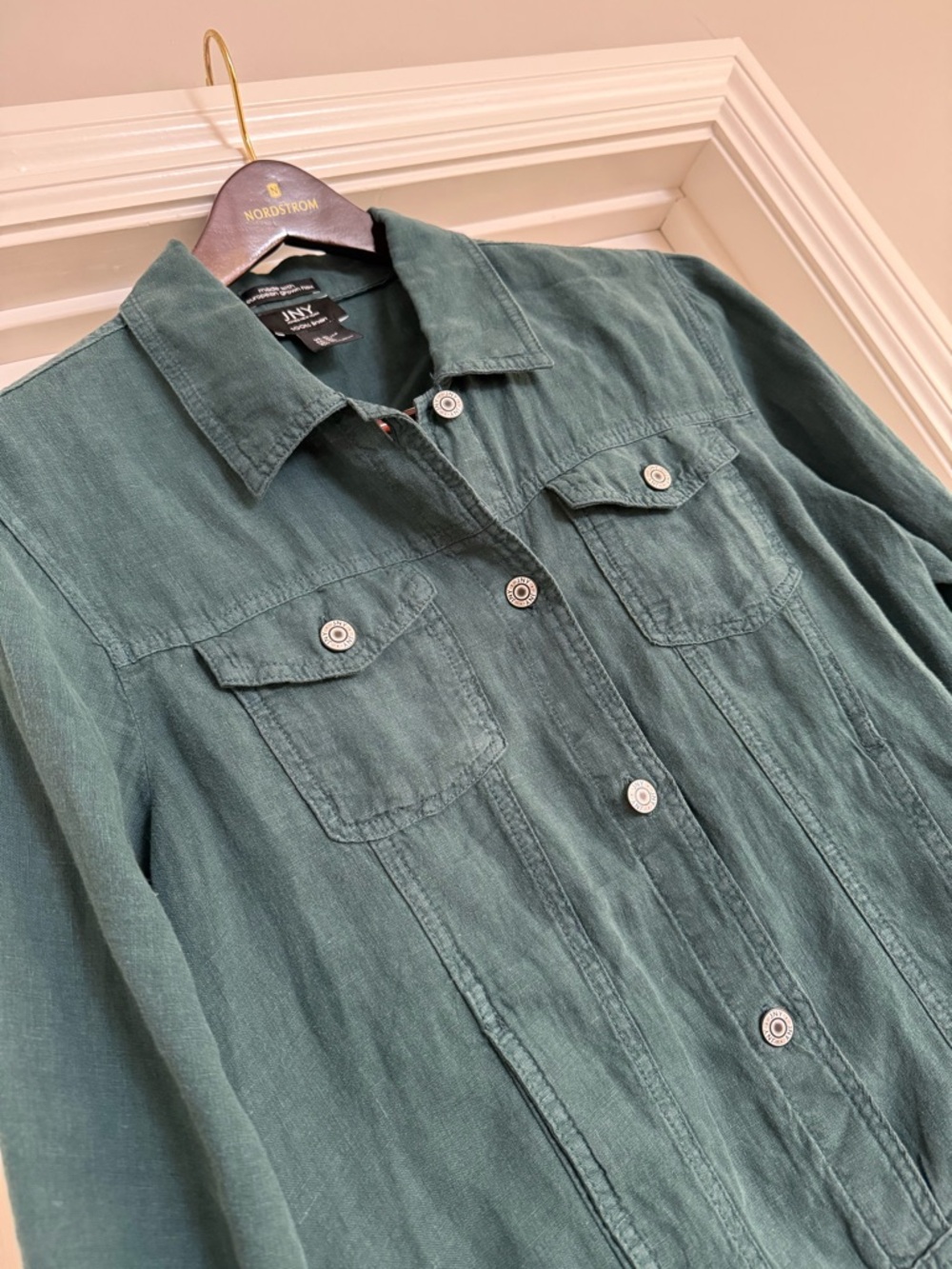 Jones New York 
Linen Teal-Green Button Front Utility Jacket